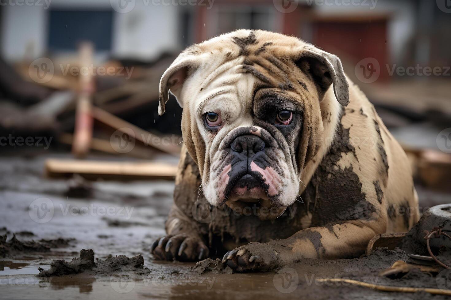 ai généré seul humide et sale bouledogue après catastrophe sur le Contexte de maison décombres, neural réseau généré image photo