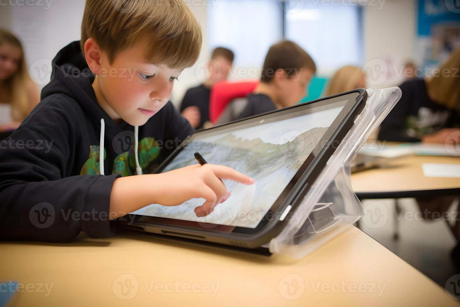 ai généré La technologie dans salle de cours - les enfants élèves dans école en utilisant tablette des ordinateurs pendant éducation processus, photoréaliste, neural réseau généré image photo