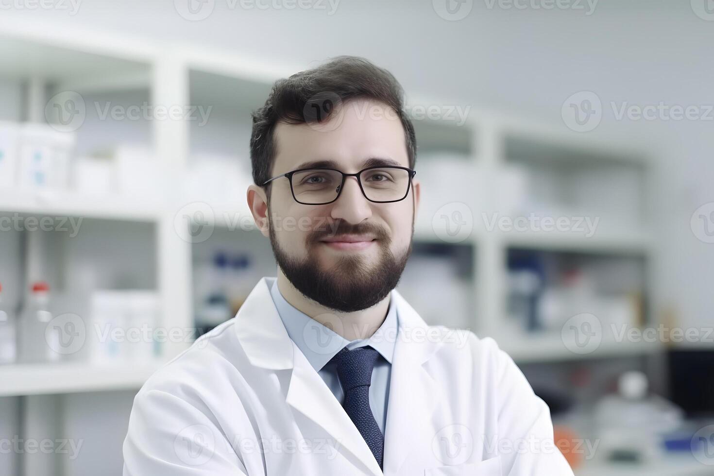 ai généré portrait de souriant Masculin scientifique dans laboratoire, neural réseau généré image photo