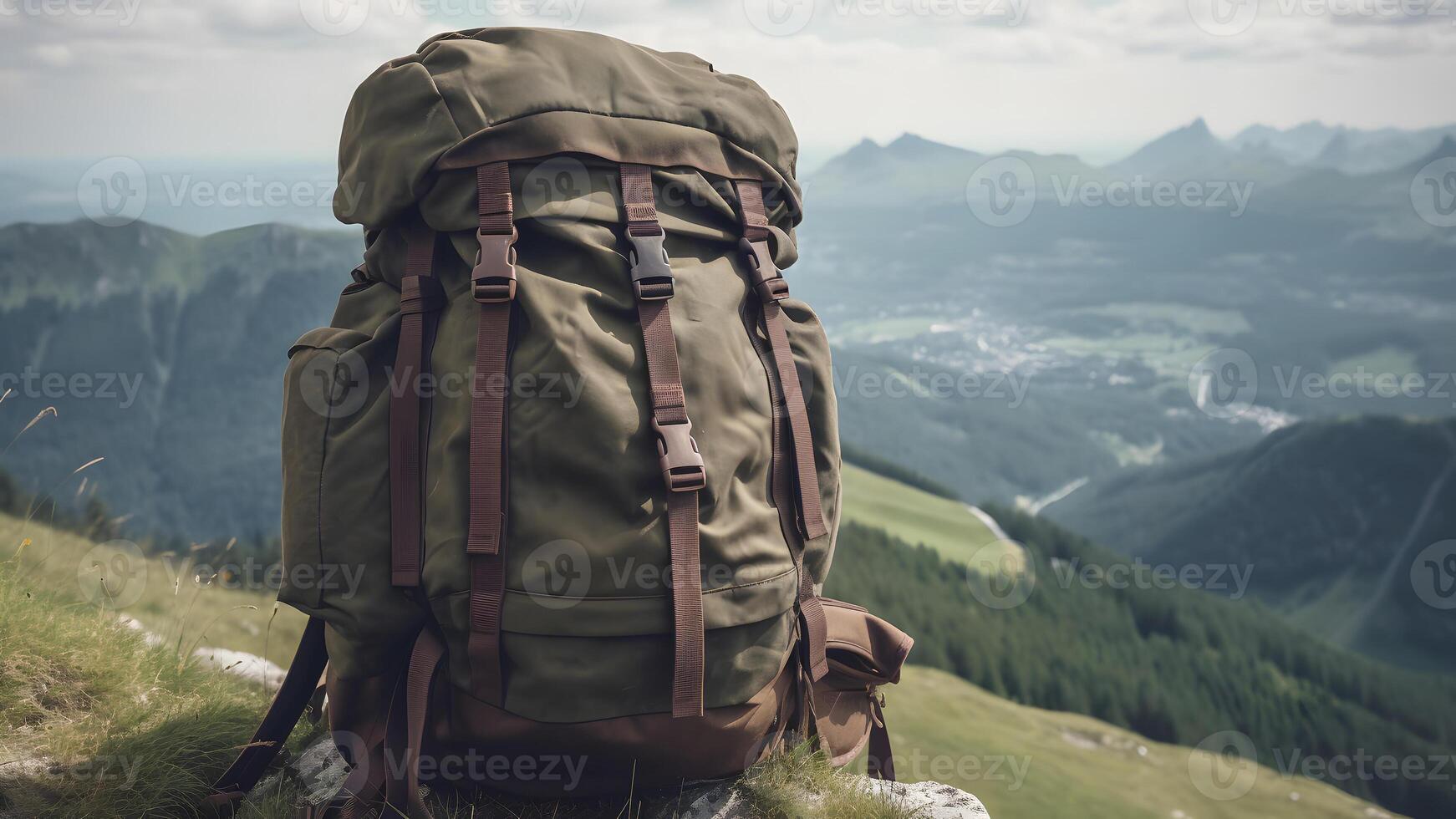 ai généré gros randonnée et trekking sac à dos avec flou montagnes dans le arrière-plan, neural réseau généré image photo