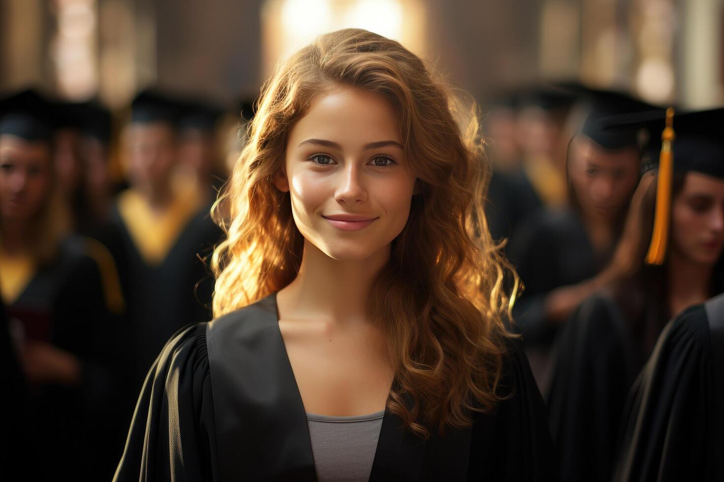 ai généré une Jeune femme avec diplôme dans de face de une foule de diplômés, photo