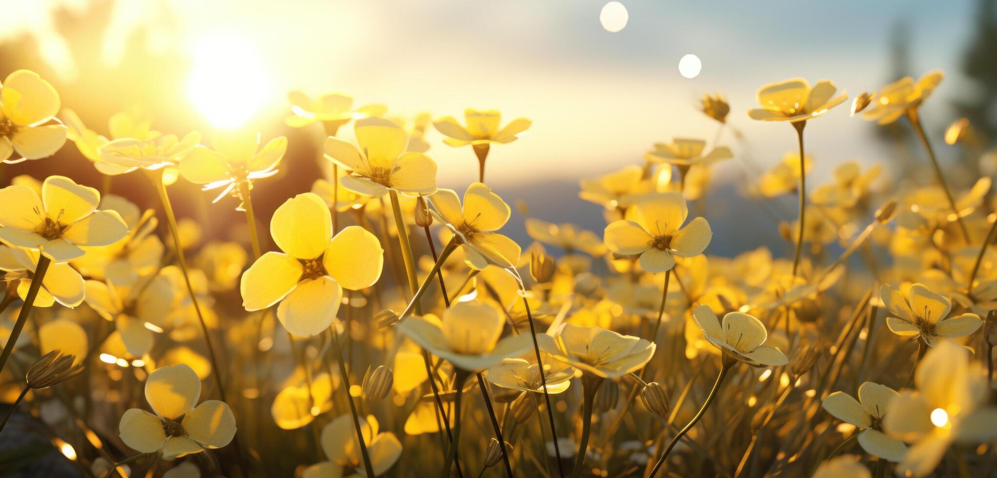 ai généré champ avec Jaune fleurs dans lumière du soleil photo