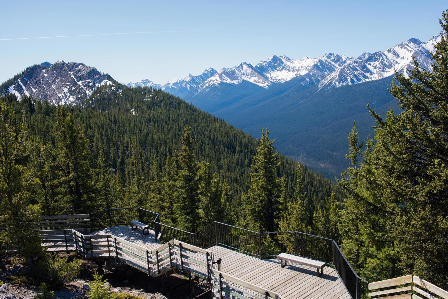 sentier en bois avec une belle vue sur les montagnes rocheuses. parc national banff photo