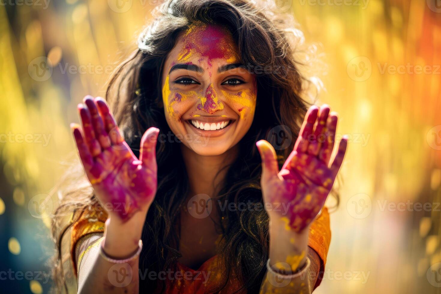 ai généré Holi festival, portrait de une Jeune femme dans coloré poudre explosion. génératif ai. photo