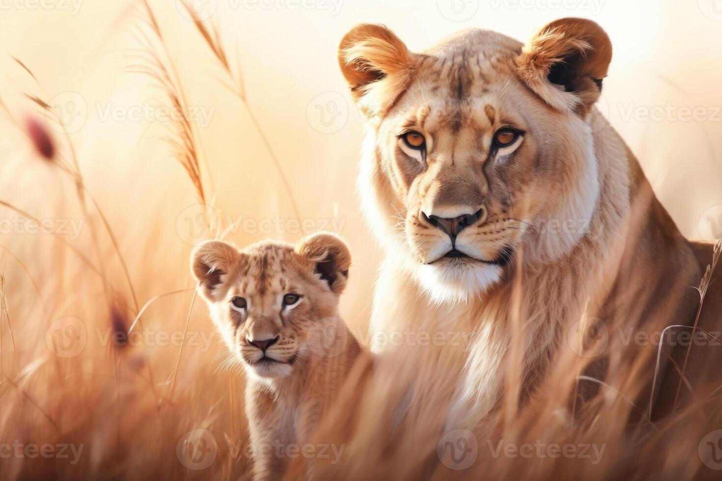 ai généré mère l'amour entre charmant une Lion et une lionceau créé. génératif ai photo