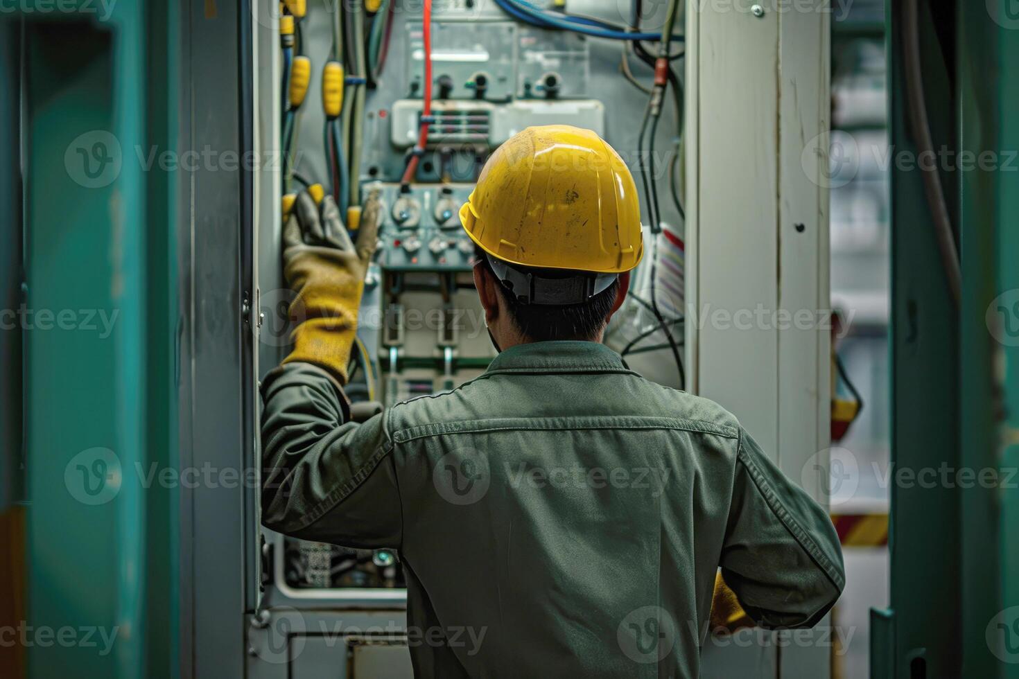 ai généré électrique ingénieur chèques le Tension de le électrique à le Terminal dans le principale Distribution planche . ai génératif photo