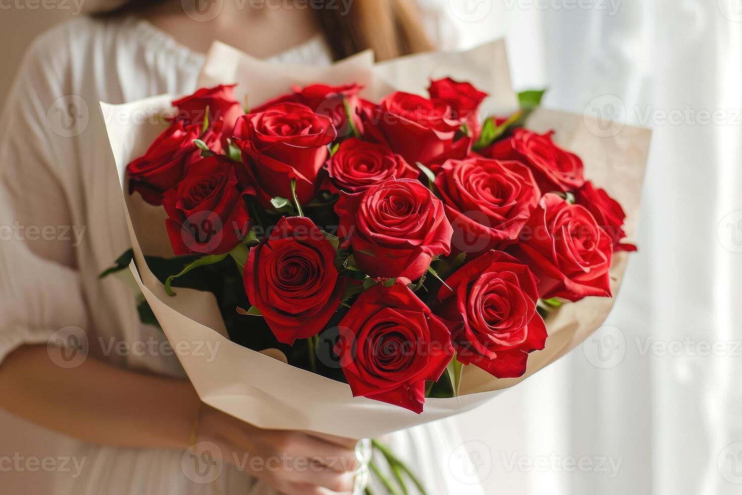 ai généré une femme en portant une bouquet de roses.ai génératif photo