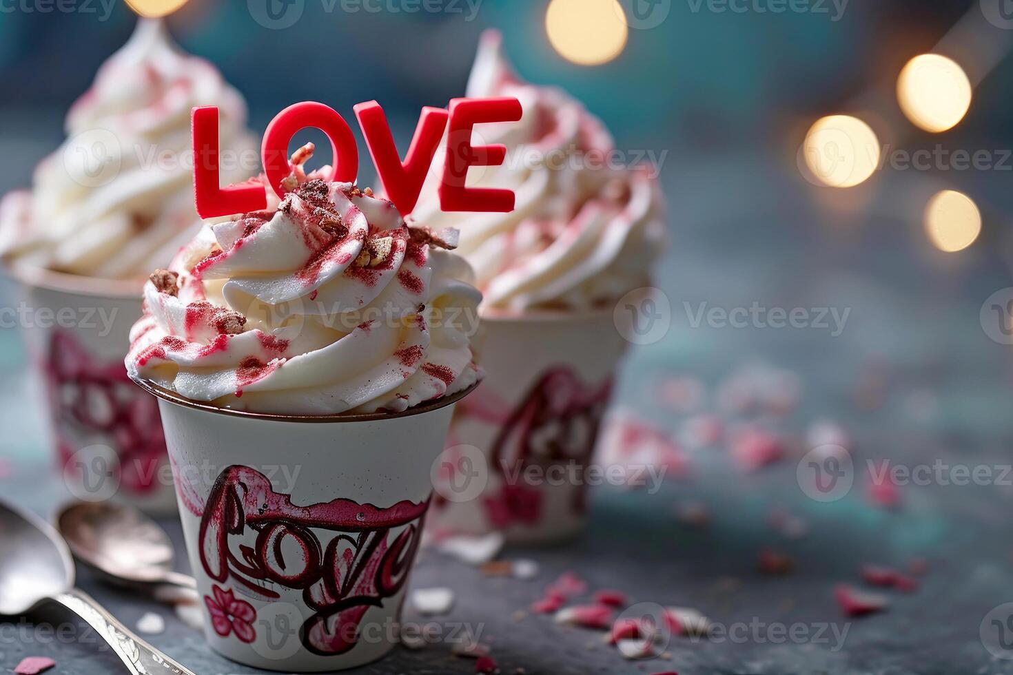 ai généré une la glace crème tasse avec l'amour mot pour Valentin concept . génératif ai photo