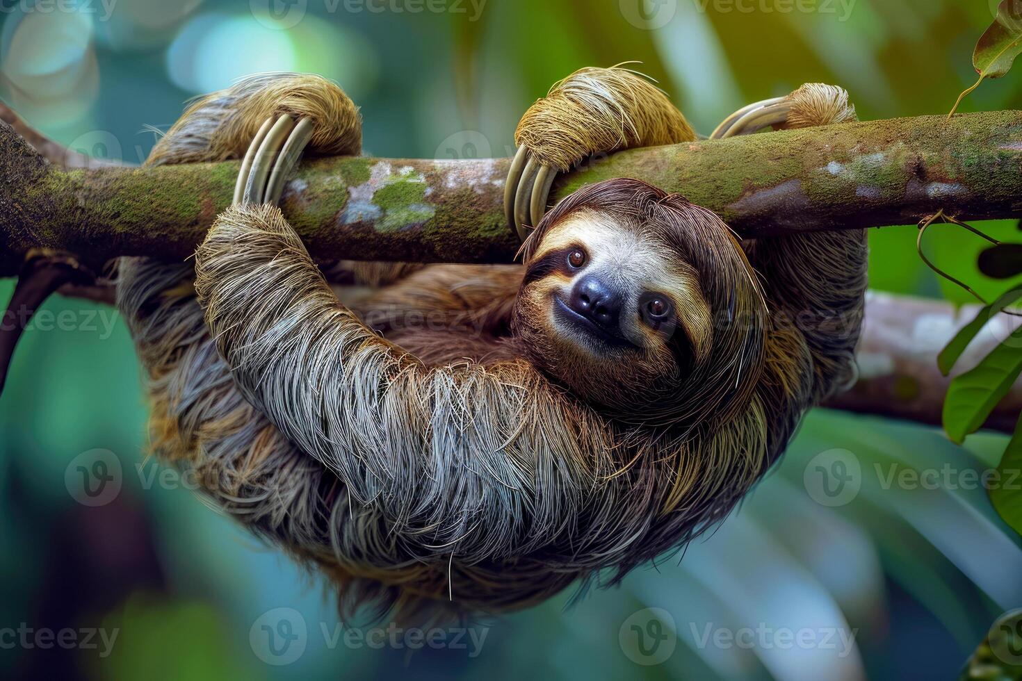 ai généré mignonne la paresse pendaison sur arbre branche avec marrant visage regarder, sauvage animal. génératif ai photo