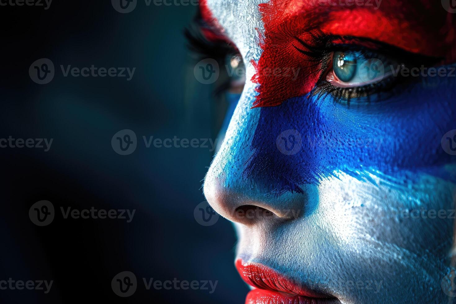 ai généré français Supporter avec drapeau visage peindre . France 2024 olympique concept .génératif ai photo