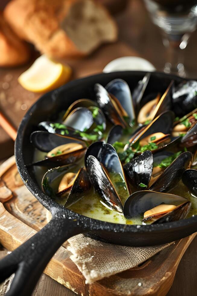 ai généré culinaire côtier charme Espagnol moules dans une d'inspiration folk présentation photo