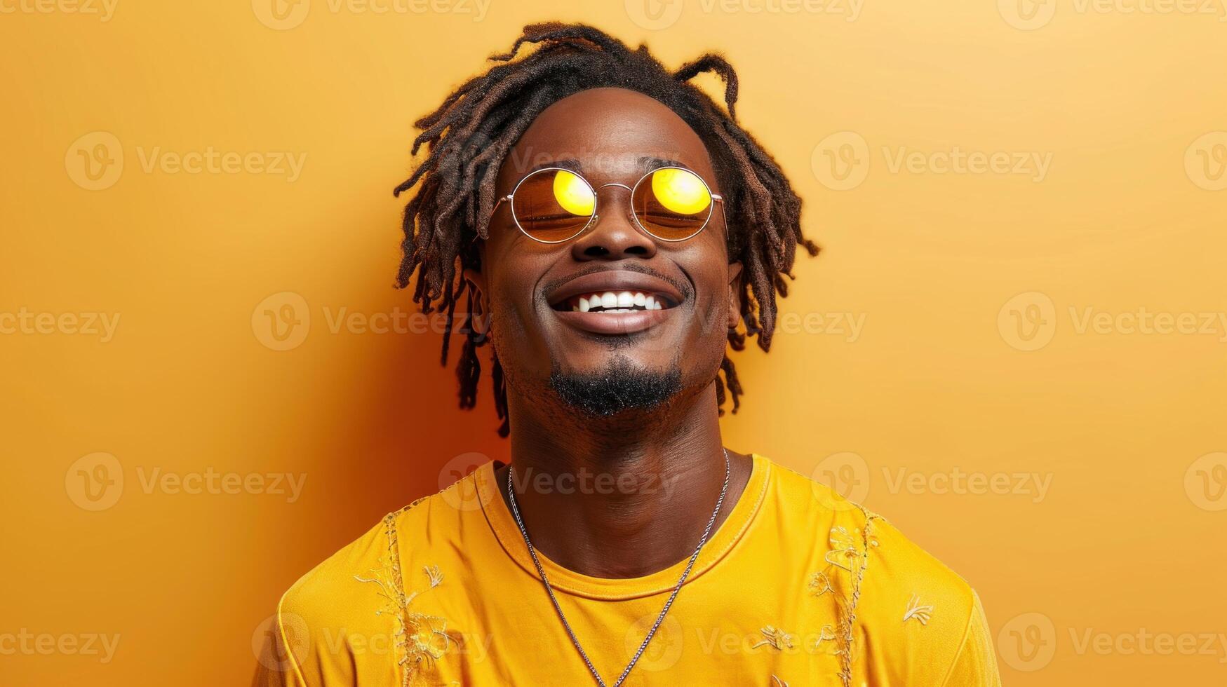 ai généré portrait de Jeune africain américain homme avec dreadlocks portant Jaune T-shirt et des lunettes de soleil sur Jaune Contexte photo