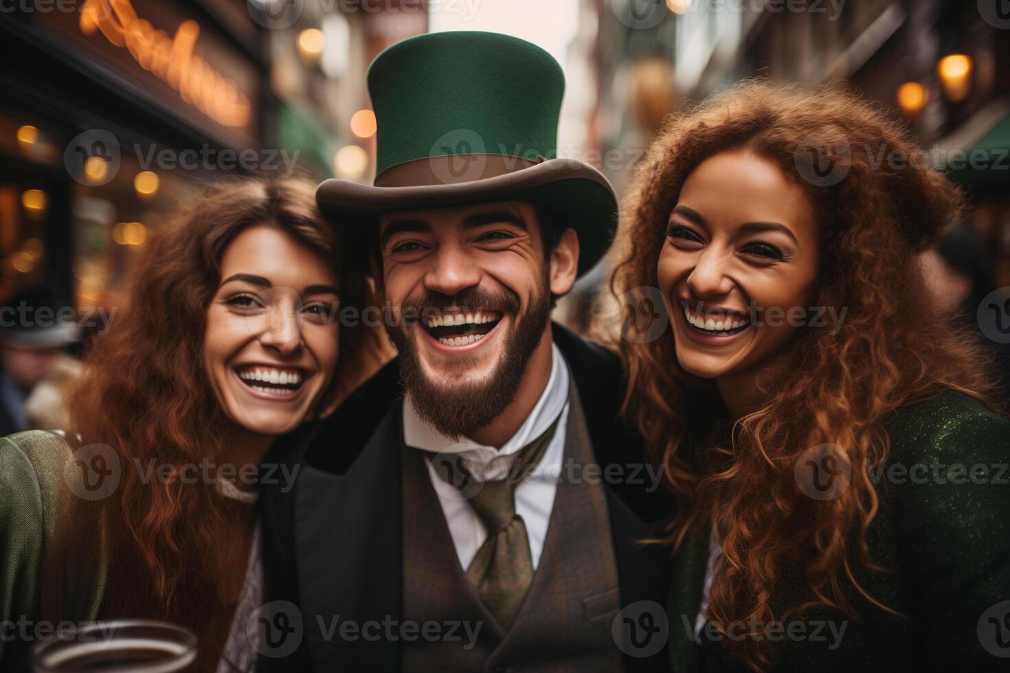 ai généré souriant Jeune gens dans vert st. patrick's Haut Chapeaux célébrer st. patrick's journée photo