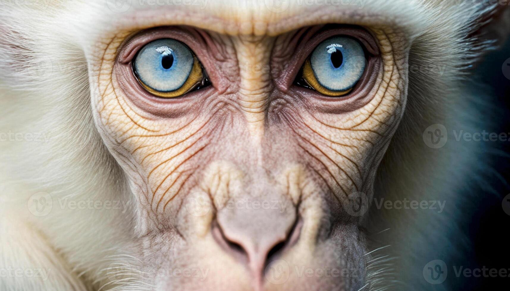 ai généré fermer de un albinos singe avec bleu yeux photo