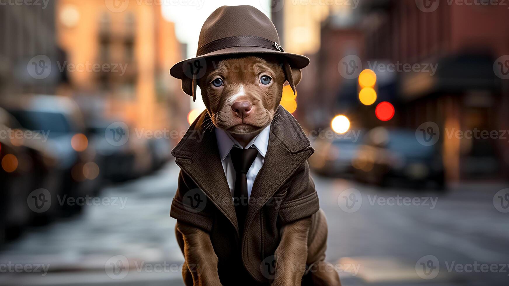 ai généré mignonne chiot portant une marron chapeau et manteau sur une ville rue. bandit style. pimpant chien. amusement et animal de compagnie concept. photo