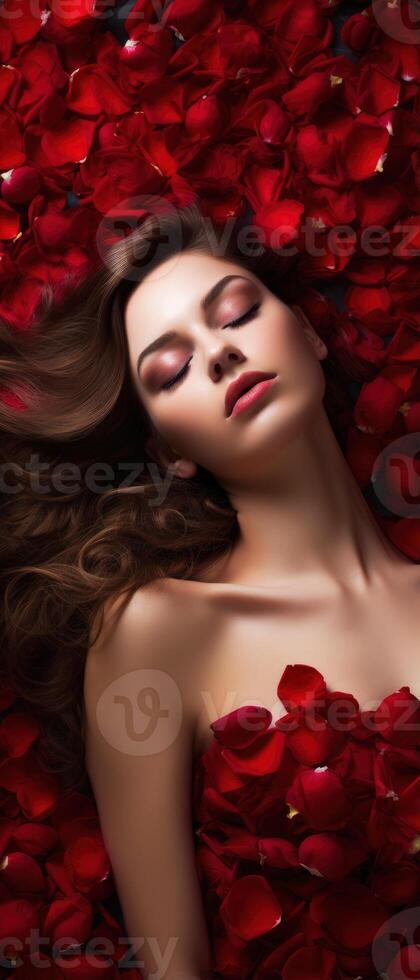 ai généré Dame dans une rouge robe mensonge sur le sol avec rouge Rose pétales Contexte dans Valentin journée concept photo