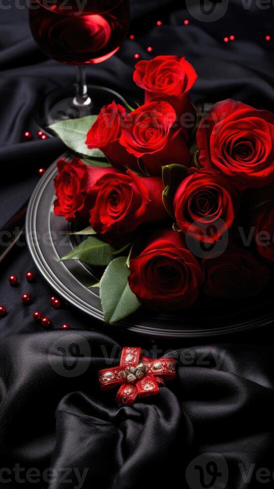 ai généré romantique dîner avec noir élégance table réglage et rouge Rose sur Valentin journée ou anniversaire concept photo