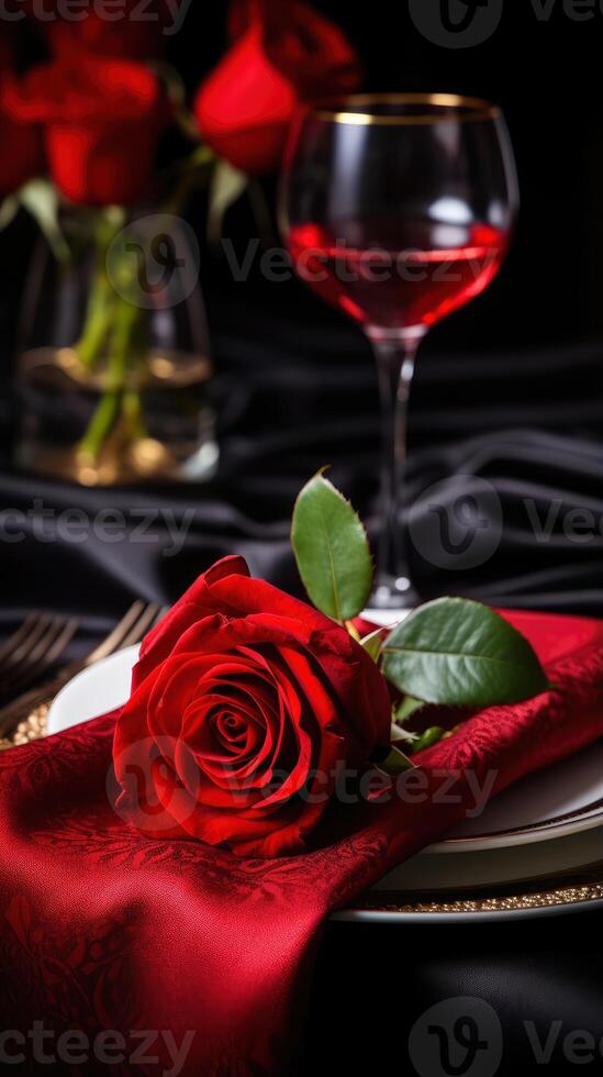 ai généré romantique dîner avec noir élégance table réglage et rouge Rose sur Valentin journée ou anniversaire concept photo