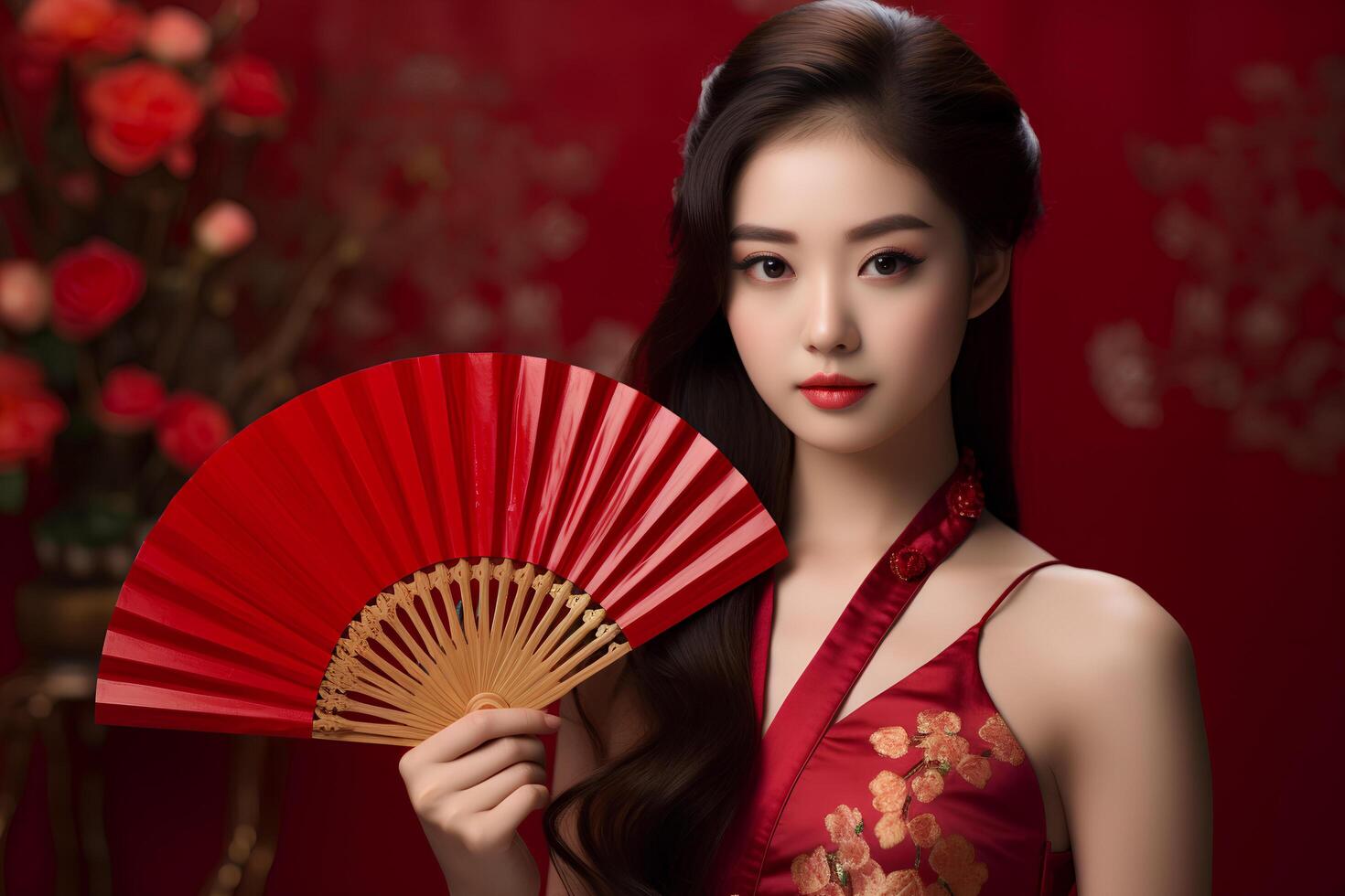 ai généré ventilateur de élégance magnifique Dame grâces chinois Nouveau année photo