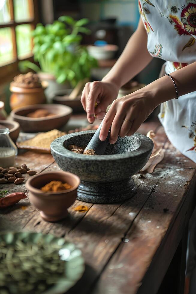 ai généré pimenter talent artistique femme broie culinaire la magie avec mortier et pilon photo