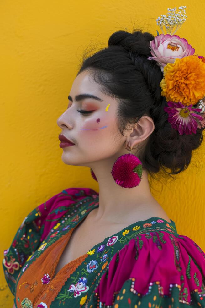 ai généré radiant élégance femme dans coloré mexicain inspiré tenue photo