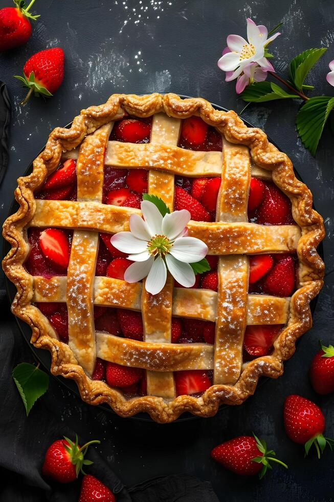 ai généré printemps délice aérien vue de une classique fraise tarte avec treillis croûte photo