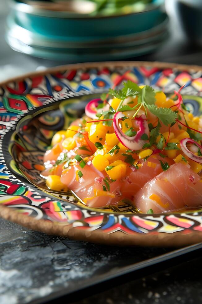 ai généré nikkei culinaire symphonie Ceviche avec Frais sashimi sur populaire assiette photo