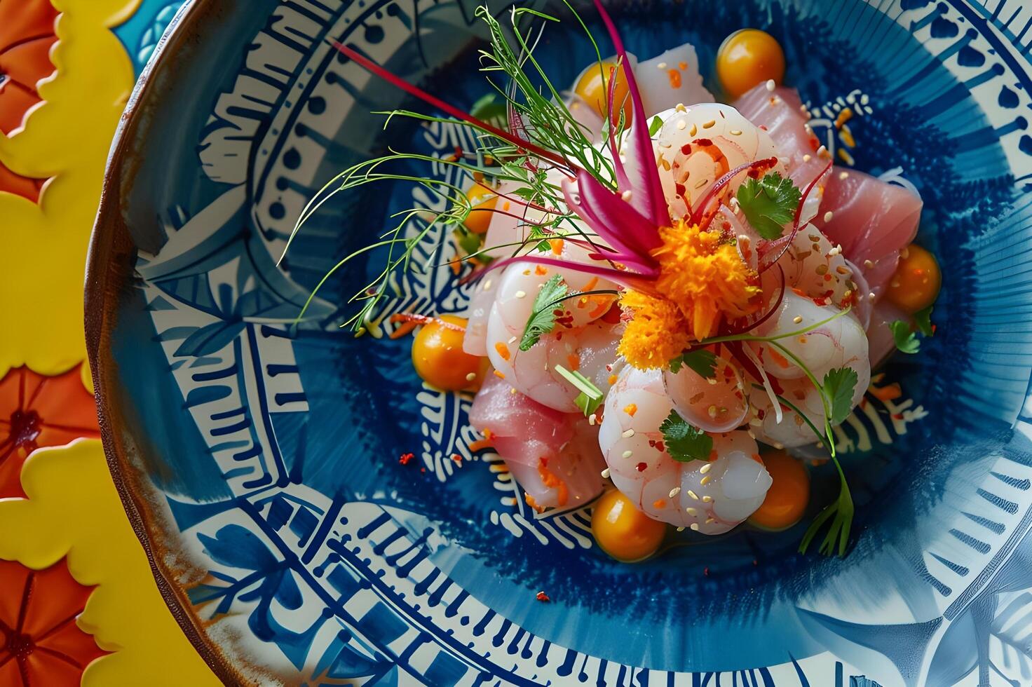 ai généré nikkei culinaire symphonie Ceviche avec Frais sashimi sur populaire assiette photo