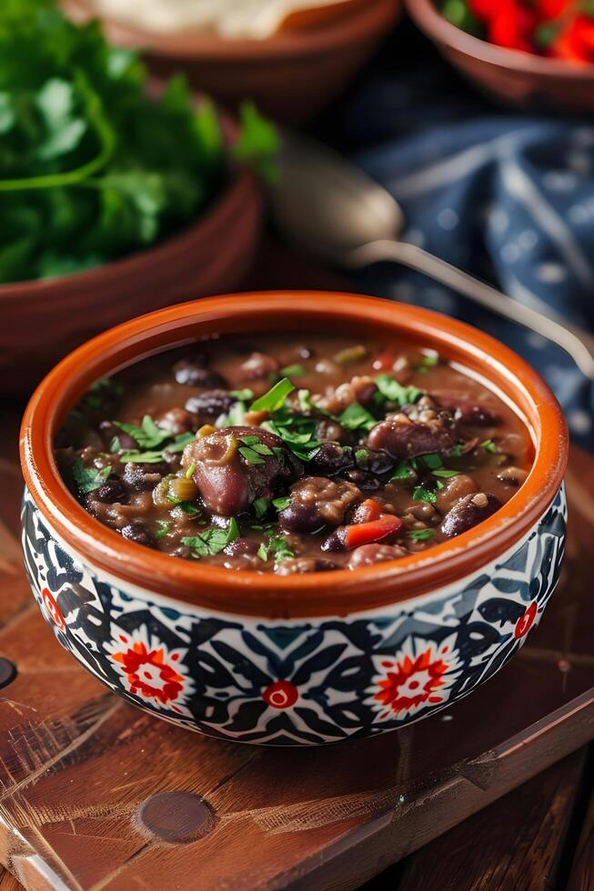 ai généré authentique brésilien feijoada photo dans à motifs folkloriques bol