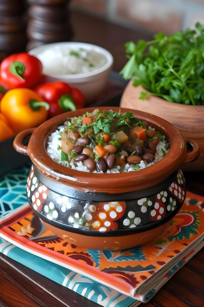 ai généré culinaire tradition baiao de dois dans une de style folklorique ustensiles de cuisine photo