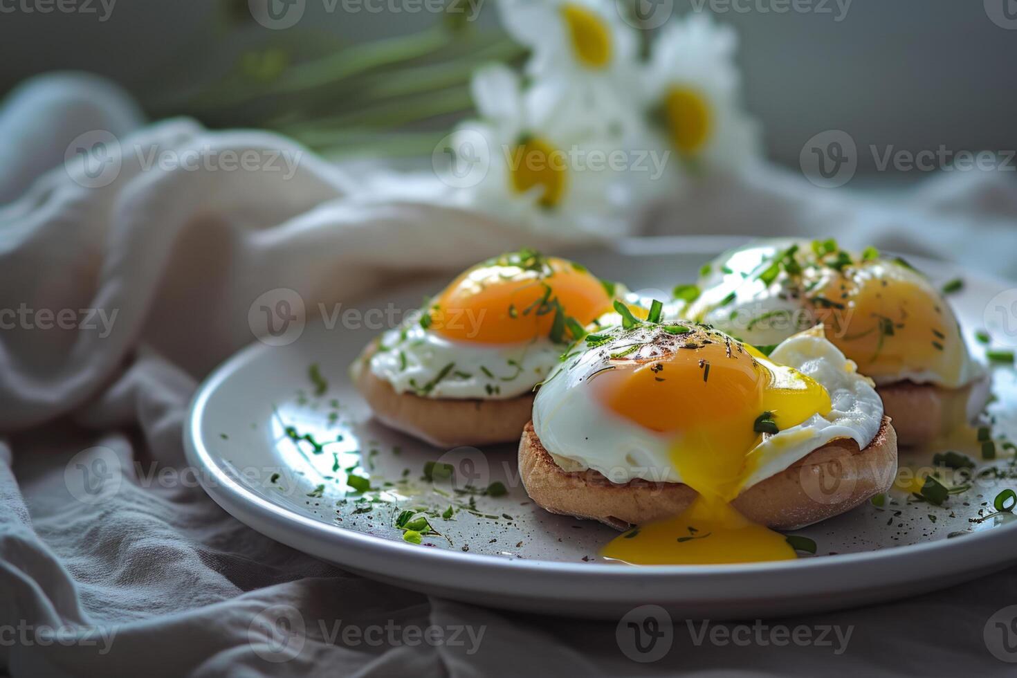 ai généré délicieux fait maison petit déjeuner avec des œufs Benoît sur une plaque. génératif ai photo