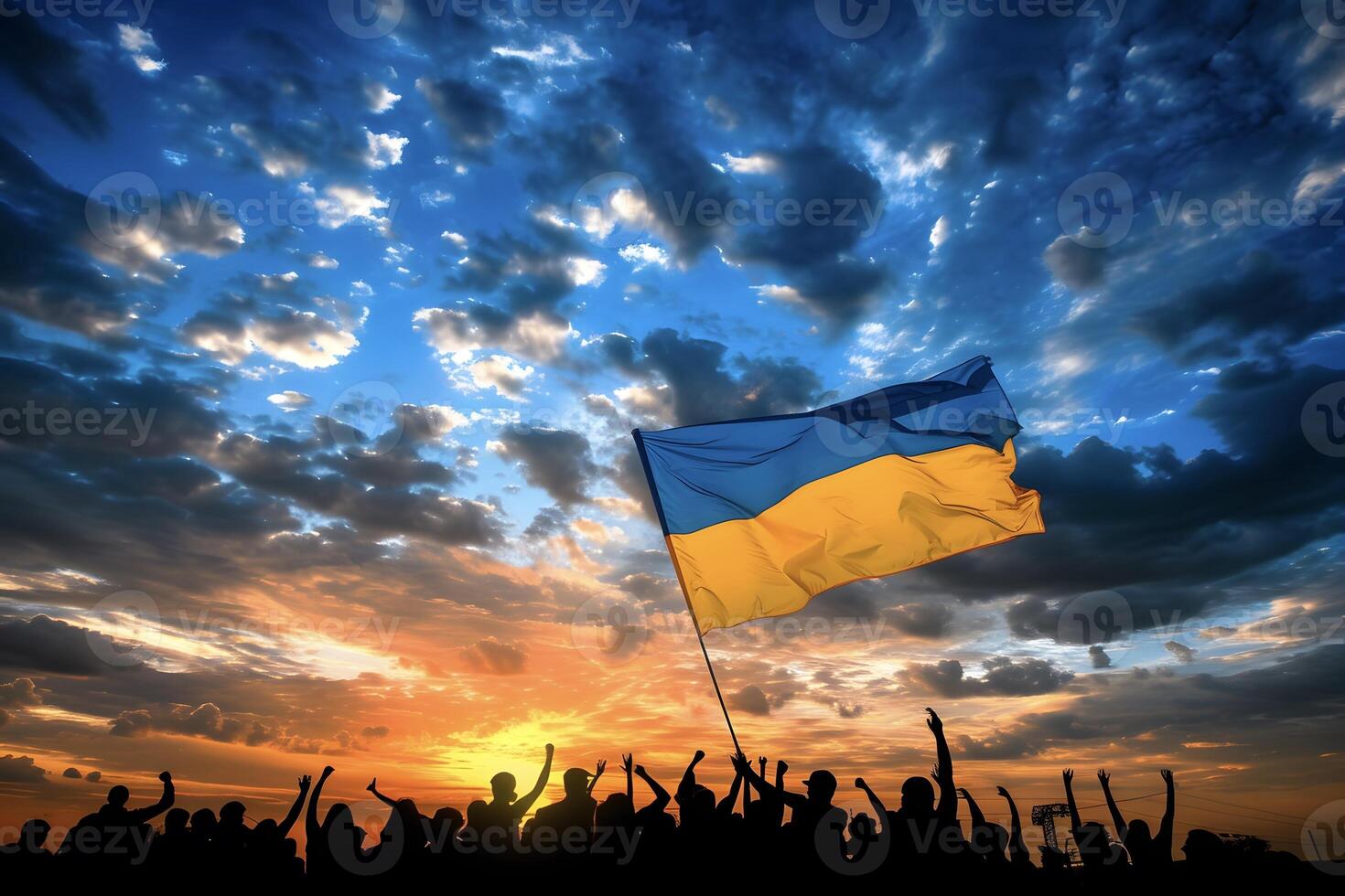 ai généré silhouette de Ukraine gens élevage mains et agitant drapeau photo