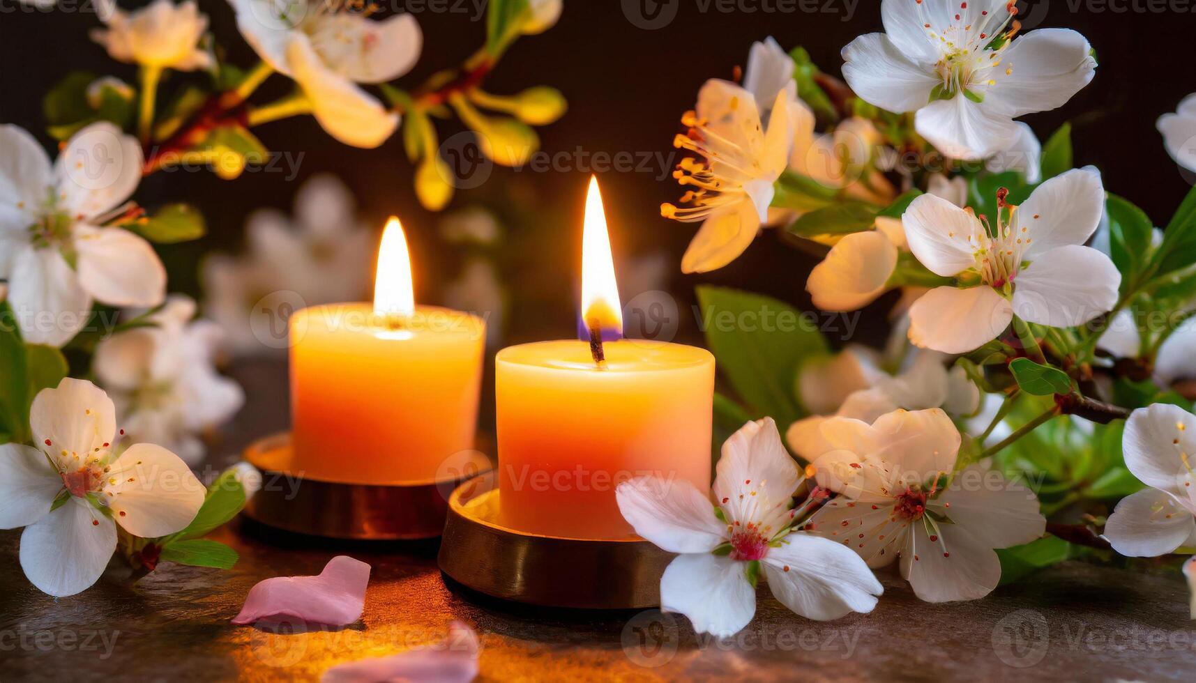 ai généré allumé bougies entouré par blanc fleurs, création une serein ambiance photo