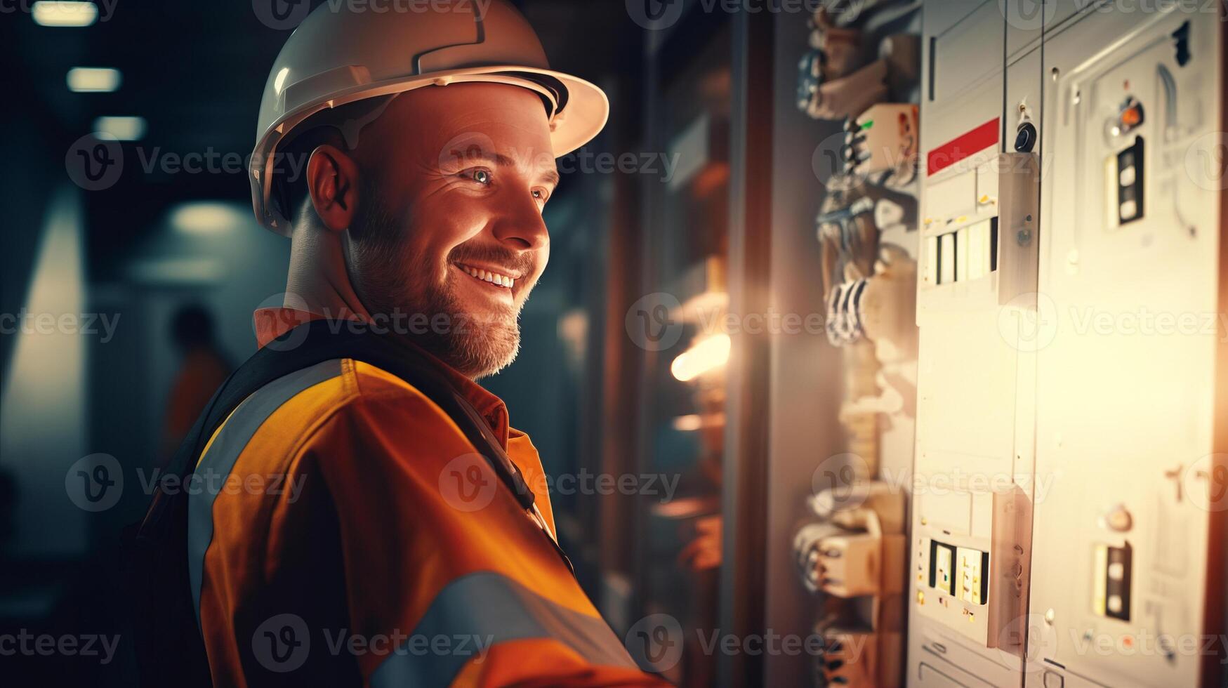 ai généré souriant électricien, Beau et qualifié, dépanne briseur panneau photo