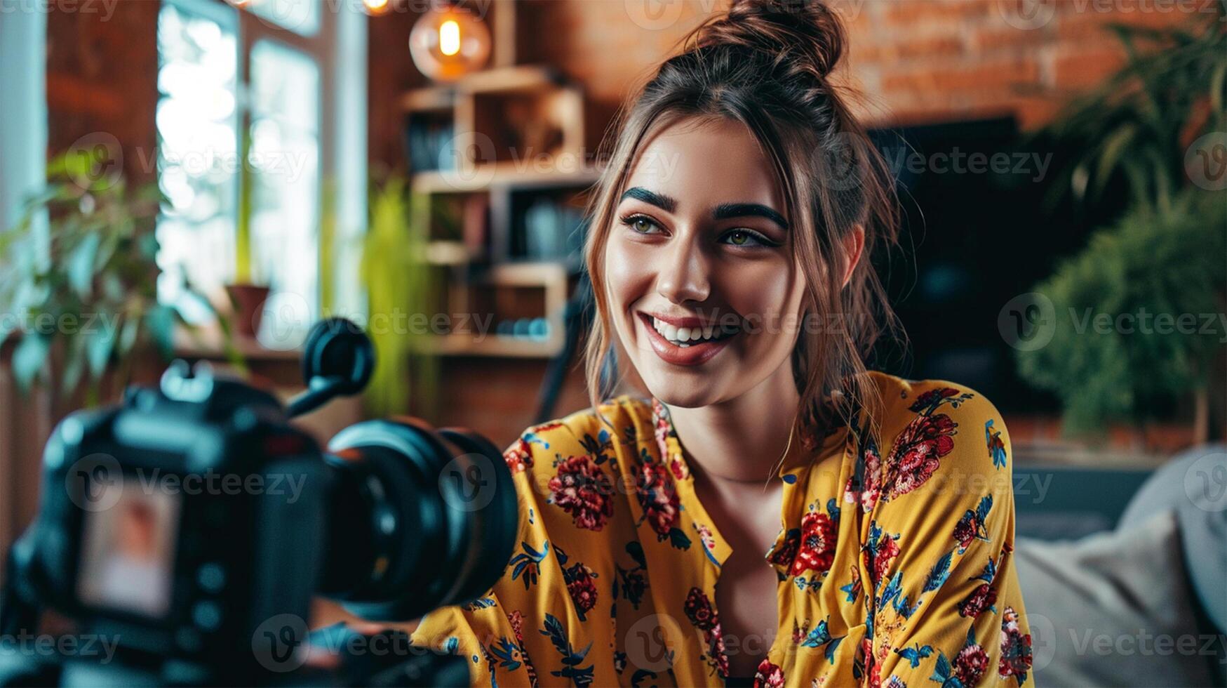 ai généré souriant Jeune femelle blogueur enregistrement vidéo pour sa Blog. attrayant Jeune femme dans décontractée vêtements souriant et à la recherche à caméra tandis que séance dans café photo