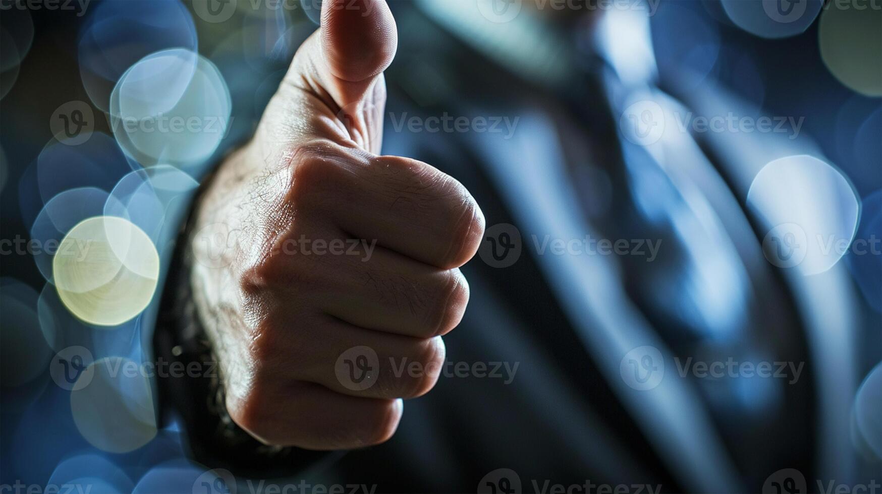 ai généré homme d'affaire avec les pouces en haut sur bokeh arrière-plan, Succès concept photo