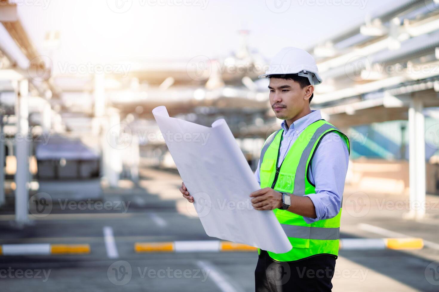 ingénieur en portant plans construction site planifier. ingénierie consultant. construction et affaires flux de travail de Nouveau bâtiments. photo