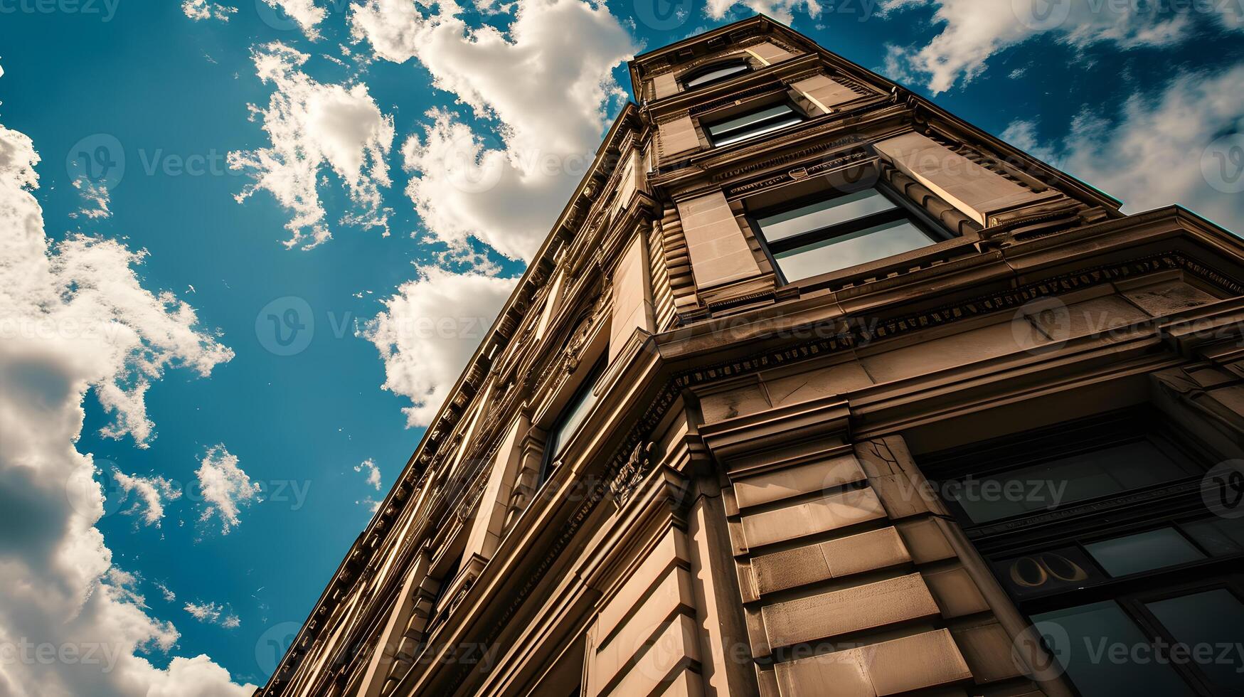 ai généré faible angle photo de vitré affaires centre avec ciel vue dans le milieu de journée. affaires photo concept