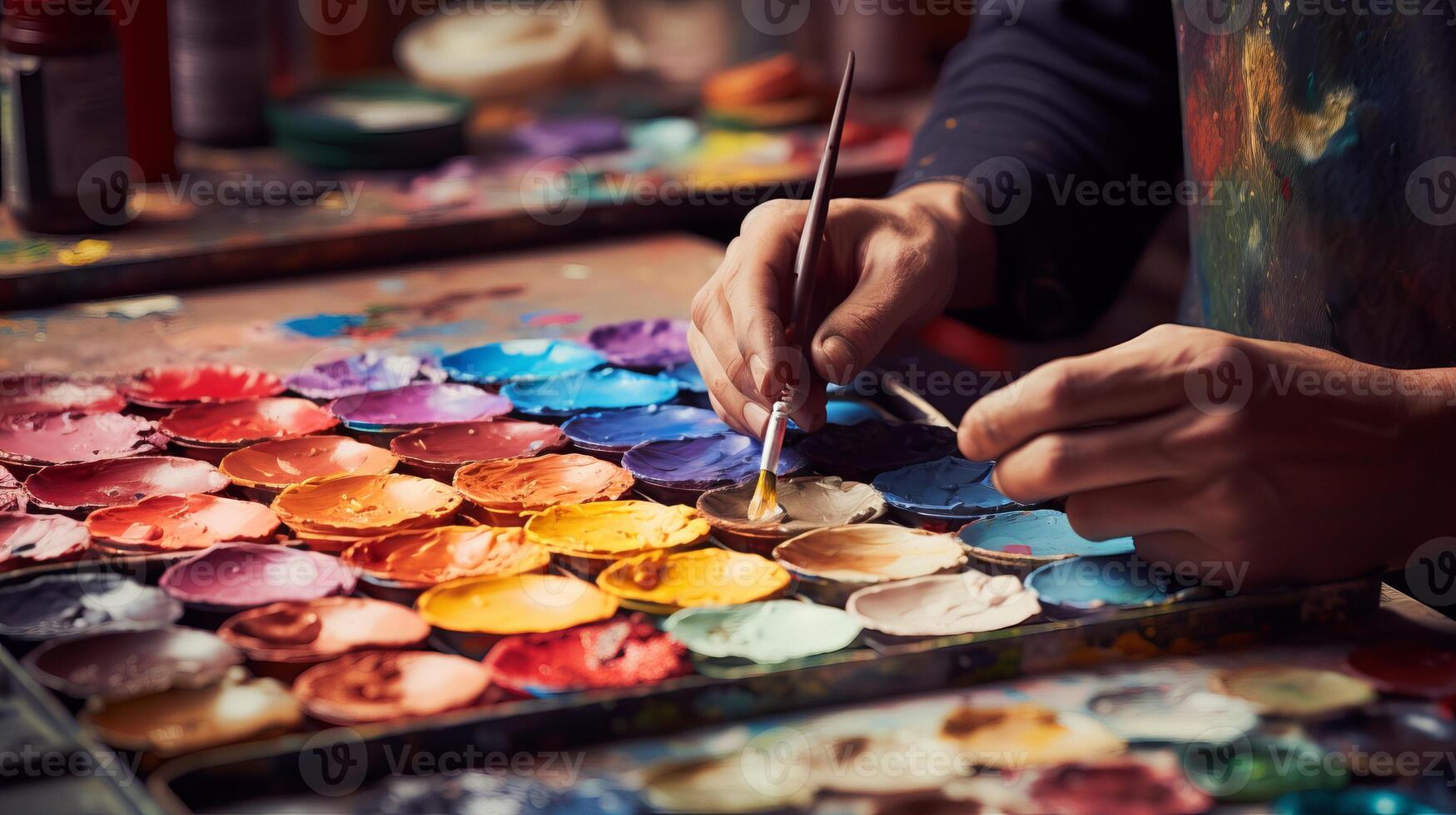 ai généré peintre main trempettes pinceau dans vibrant peindre à dessin sur toile, autour coloré conteneurs photo