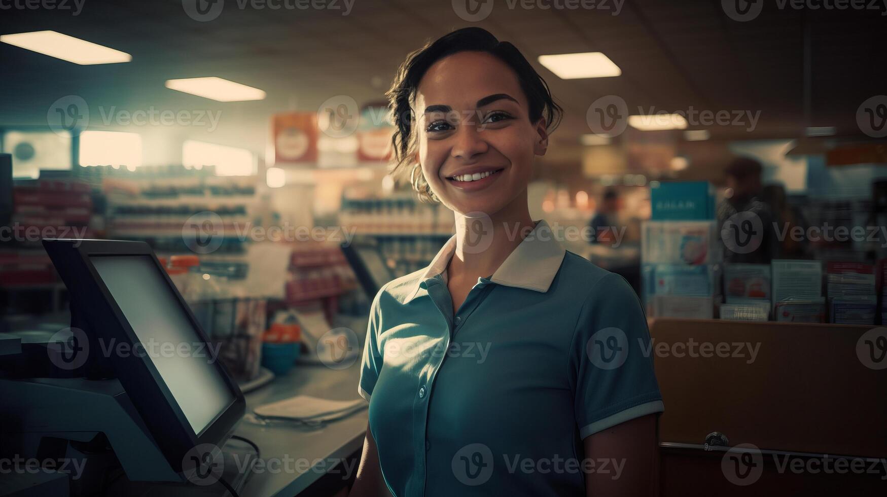 ai généré portrait de de bonne humeur souriant femelle la caissière dans épicerie boutique symbolise amical client un service photo