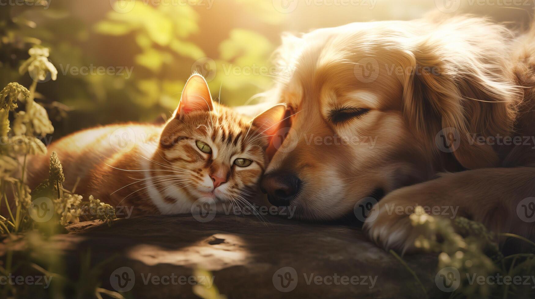 ai généré attachant chat et mignonne chien mensonge côté par côté sur Soleil trempé herbe, se prélasser dans chaleur et harmonie photo