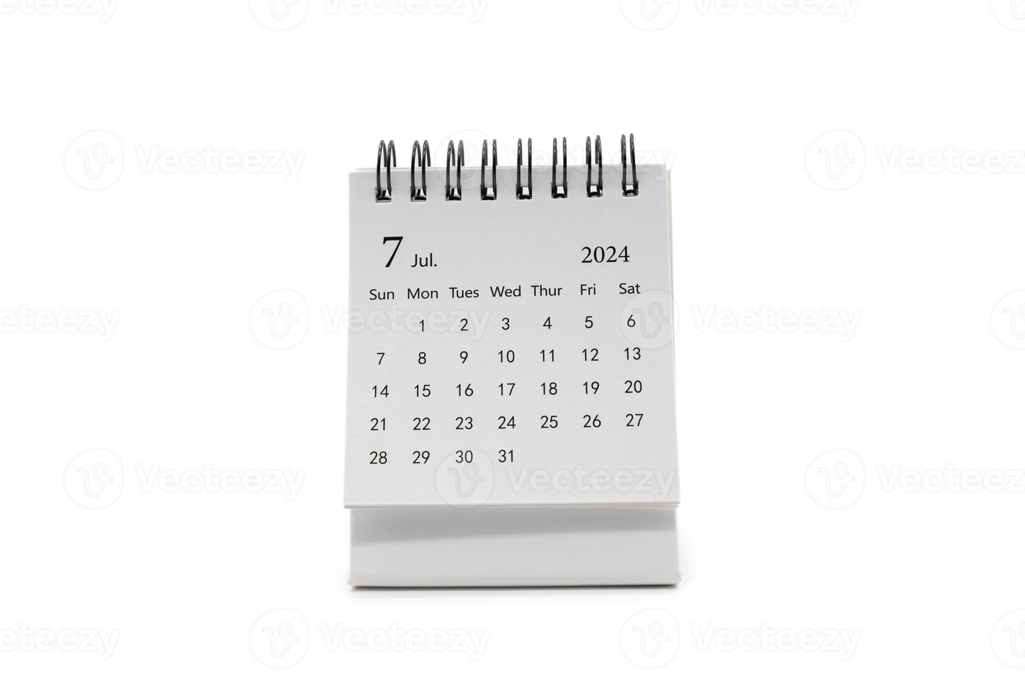Facile bureau calendrier pour juillet 2024 isolé sur blanc Contexte. calendrier concept avec copie espace. photo