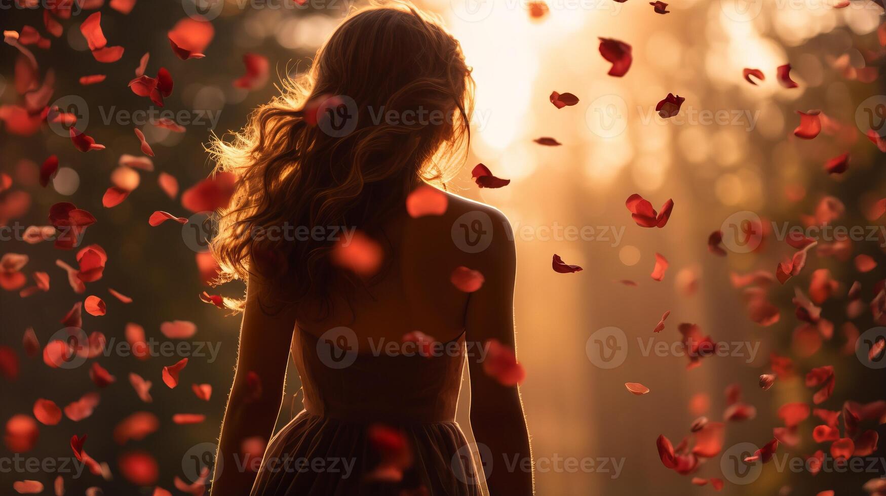 ai généré retour vue de longue aux cheveux Jeune fille des stands baigné dans lumière du soleil en dessous de rouge Rose pétales doucement Cascade photo