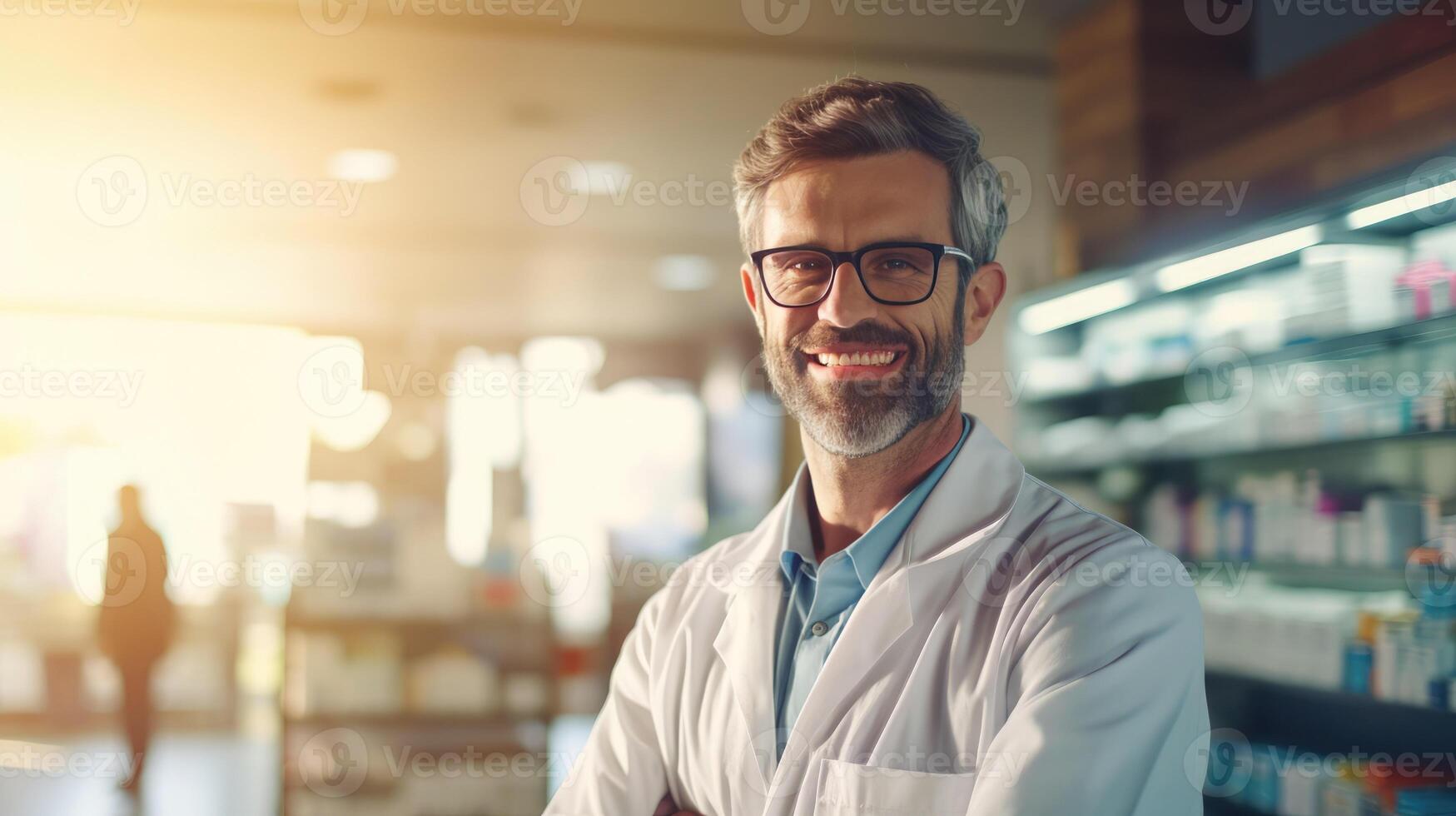 ai généré courtois souriant Masculin pharmacien dans blanc manteau assiste clients dans pharmacie fournir Conseil photo