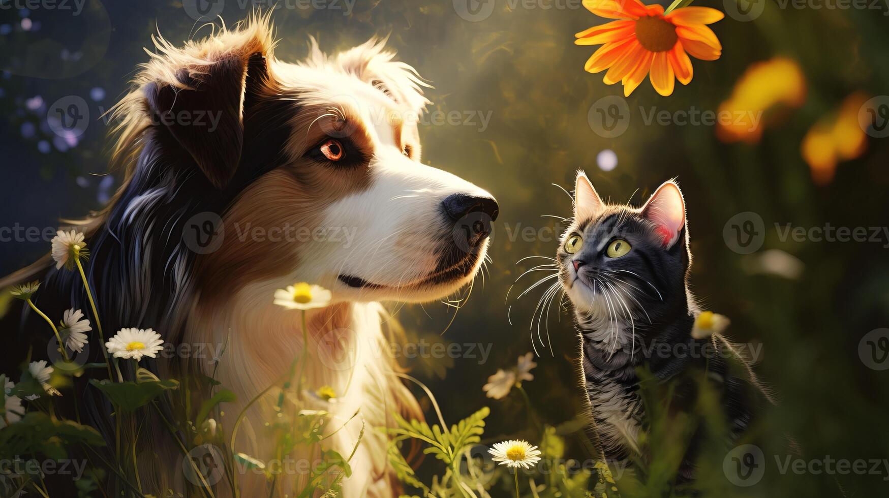 ai généré attachant chat et mignonne chien dans vert jardin parmi épais herbe et fleurs, se prélasser dans chaleur photo