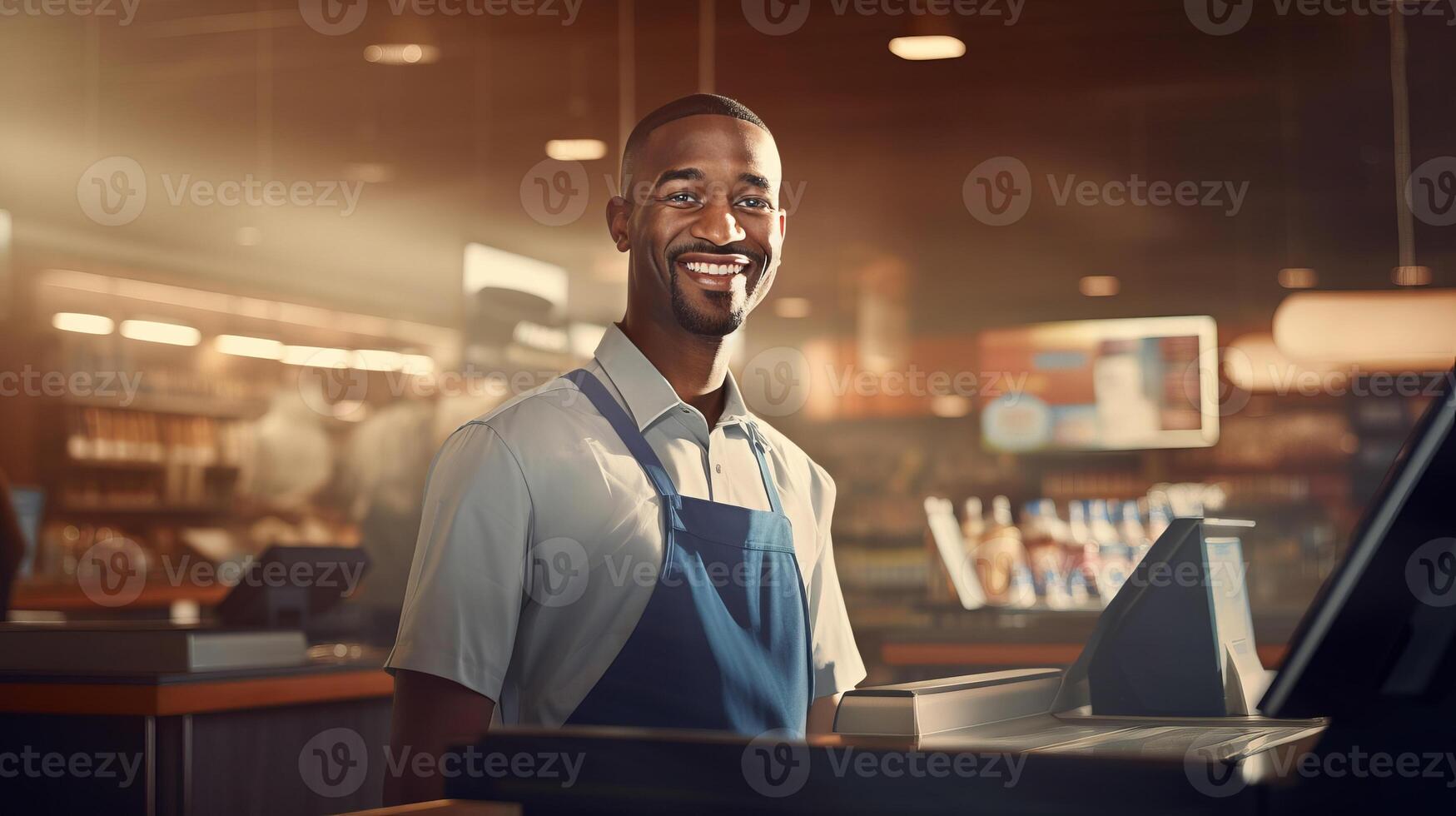 ai généré portrait de de bonne humeur souriant Masculin la caissière dans épicerie boutique symbolise amical client un service photo