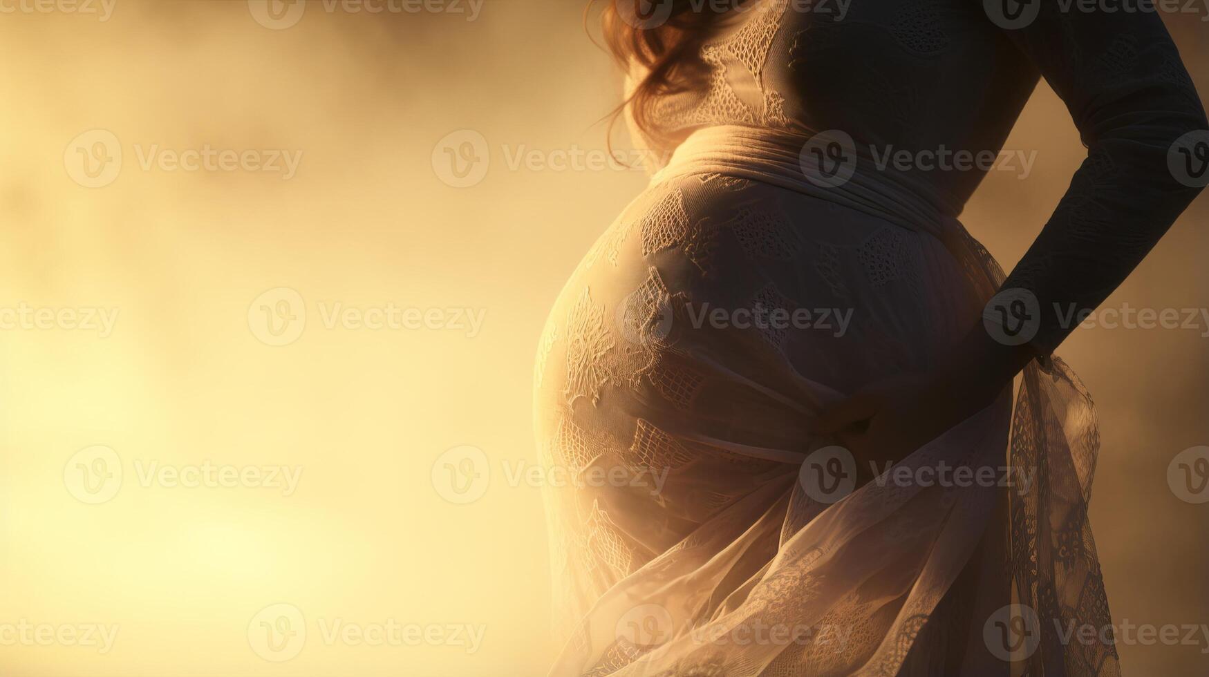 ai généré proche en haut vue à femme mains doucement berceau sa Enceinte ventre au milieu de brumeux brouillard photo