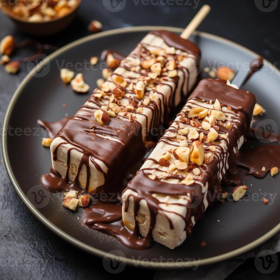 ai généré Chocolat popsicle sur une bâton dans une plaque, plongé dans foncé Chocolat et des noisettes. dessert fermer. vue de au dessus photo