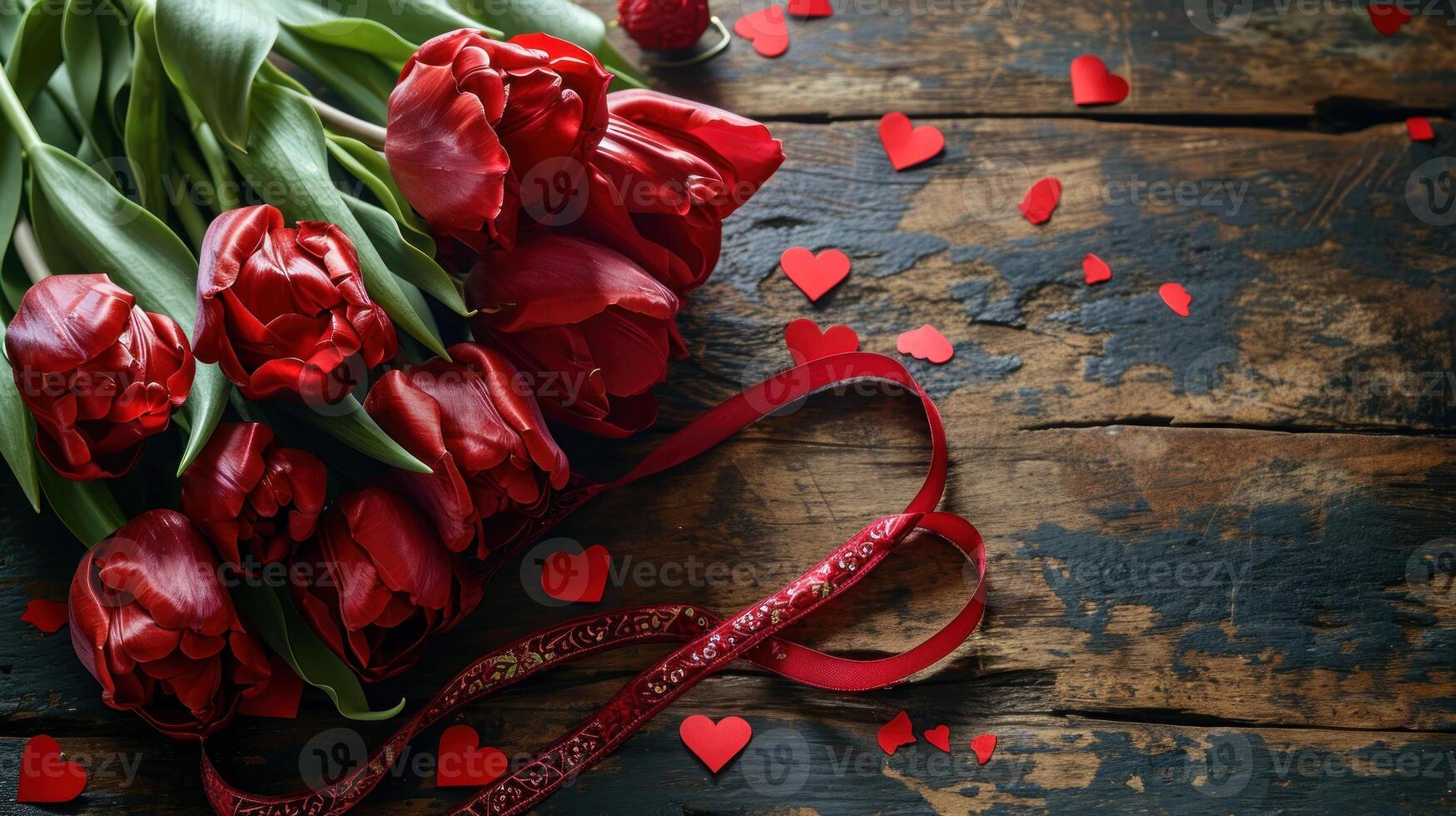 ai généré élégant rouge tulipes avec l'amour ruban et cœur confettis photo
