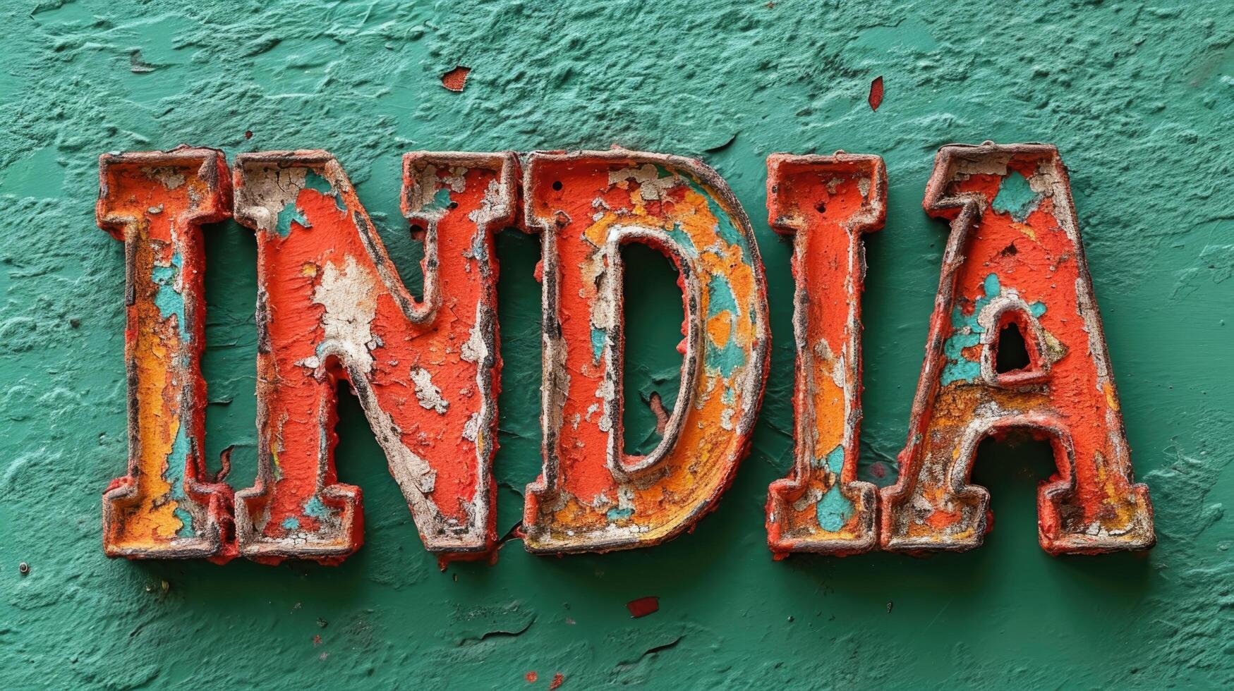 ai généré le mot Inde écrit dans rouillé métal des lettres sur une vert Contexte. photo